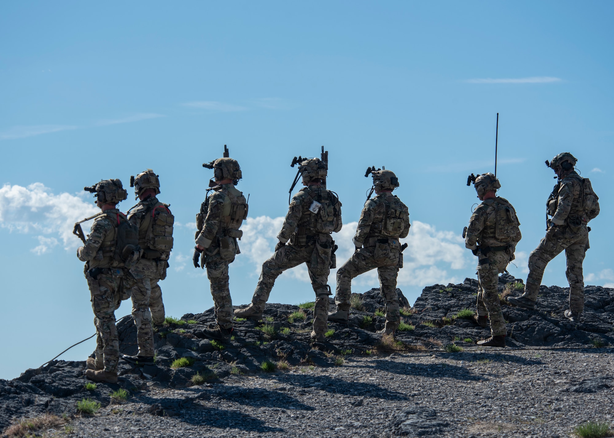 Uniformed service members stand at a cliff's edge.