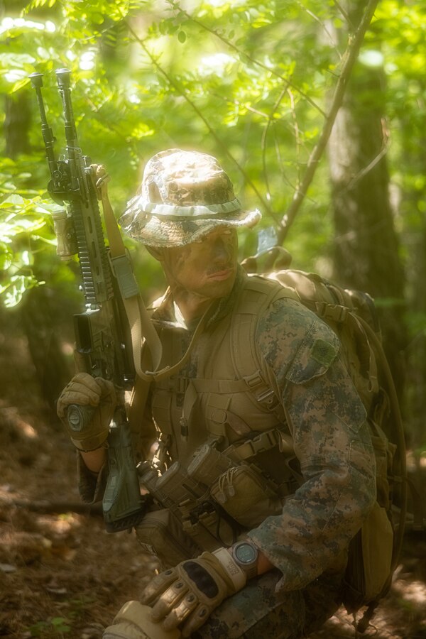 U.S. Marine Corps Cpl. Hayden Paul, an infantry rifleman with 2nd Battalion, 23rd Marines forward deployed with 4th Marine Regiment, 3d Marine Division as part of the Unit Deployment Program, observes his surroundings on a patrol during Korea Viper 25.4 at Pohang, South Korea, May 4, 2025. Korea Viper is a recurring exercise series that demonstrates the Republic of Korea and U.S. Marine Corps' ability to respond decisively in the region as a singular, unified force while strengthening relationships and trust between the two allies. Paul is a native of Utah. (U.S. Marine Corps photo by Lance Cpl. Tucker Mocan)