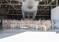 The participants of the Tactical Combat Casualty Care skills day event, pose for a group photo at Joint Base San Antonio-Lackland, Texas, May 9, 2025.