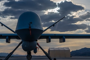 An MQ-9 Reaper remotely piloted aircraft sits on the flightline at Creech Air Force Base, Nevada, April 15, 2025.