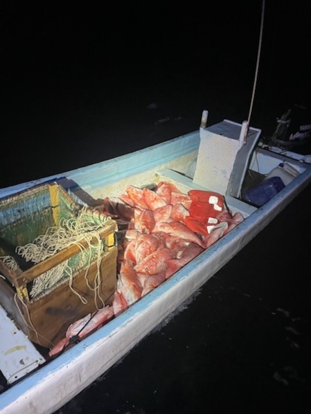 A Coast Guard law enforcement crew surveys a Mexican lancha offshore the southern Texas coast, May 13, 2025. Coast Guard Station South Padre Island interdicted a total of 4 Mexican fishermen engaged in illegal fishing north of the Maritime Boundary Line (MBL) in the Gulf of America. (U.S. Coast Guard courtesy photo)