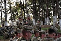 A U.S. Army infantryman assigned to the Bravo Company, 2-153 Infantry, Arkansas Army National Guard, gives marching orders during a CENTAM Guardian 25 jungle exercise event, at Mariscal Zavala, Guatemala, May 12, 2025.