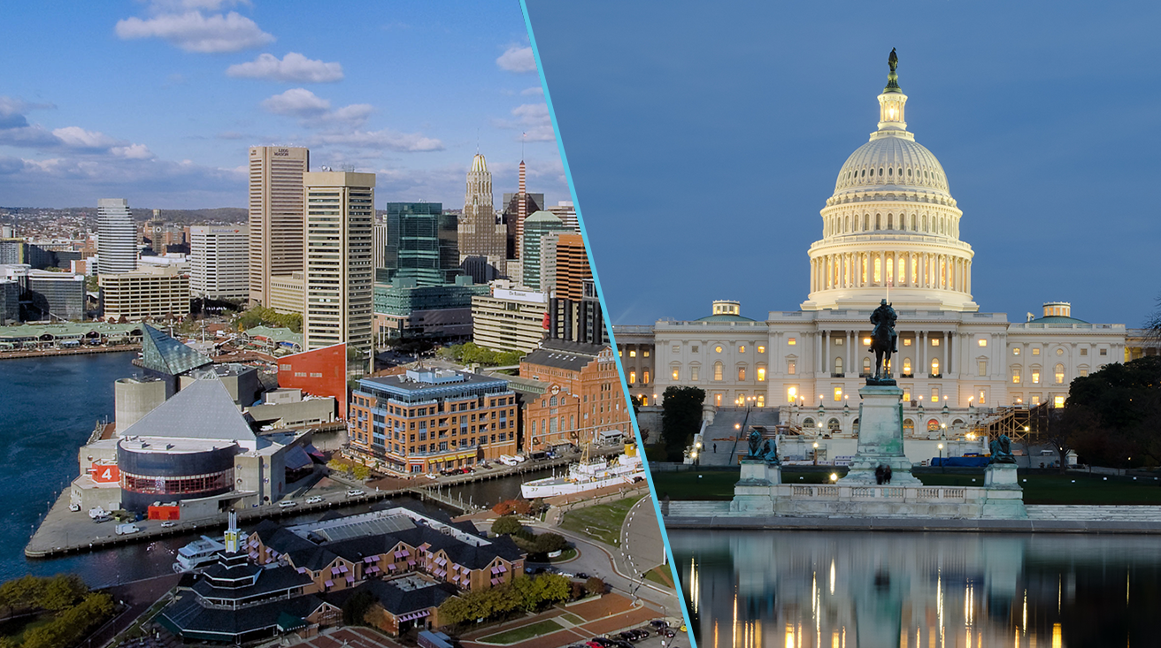 A collage of two images; a wide view of the Baltimore city and the United States Capitol building in Washington, D.C.