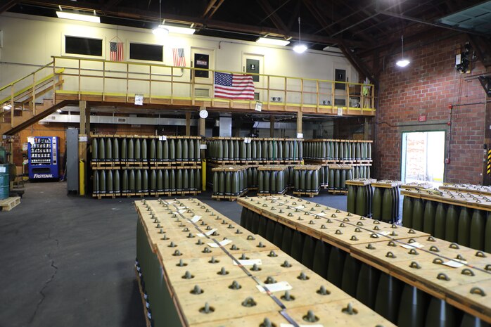 Stacks of shell casings stored at an ammunition plant.