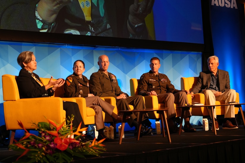 (Right to left) U.S. Army Lt. Gen. John D. Johnson (retired), vice president of Government Solutions and Strategy at GM Defense, moderated the panel, while participants, Lt. Gen. Joel B. Vowell, deputy commanding general for U.S. Army Pacific; Lt. Gen. James F. Glynn, commanding general of U.S. Marine Corps Forces, Pacific; Maj. Gen. Hope C. Rampy, commanding general of the U.S. Army Human Resources Command; and U.S. Army Maj. Gen. Suzanne Puanani Vares-Lum (retired), director of the Daniel K. Inouye Asia-Pacific Center for Security Studies, discuss how to generate ready, lethal, and resilient land forces in the Indo-Pacific region during the Land Forces Pacific (LANPAC) Symposium in Honolulu, Hawaii, May 13, 2025