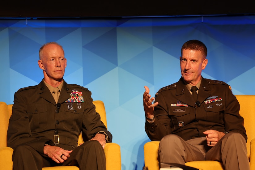 (Left to right) Lt. Gen. James F. Glynn, commanding general of U.S. Marine Corps Forces, Pacific, and Lt. Gen. Joel B. Vowell, deputy commanding general for U.S. Army Pacific discusses how to generate ready, lethal, and resilient land forces in the Indo-Pacific region during the Land Forces Pacific (LANPAC) Symposium in Honolulu, Hawaii, May 13, 2025.