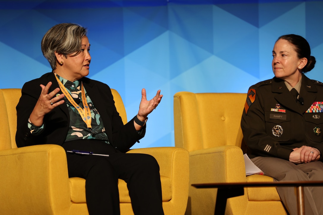Left to right) U.S. Army Maj. Gen. Suzanne Puanani Vares-Lum (retired), director of the Daniel K. Inouye Asia-Pacific Center for Security Studies, and Maj. Gen. Hope C. Rampy, commanding general of the U.S. Army Human Resources Command, discusses how to generate ready, lethal, and resilient land forces in the Indo-Pacific region during the Land Forces Pacific (LANPAC) Symposium in Honolulu, Hawaii, May 13, 2025.