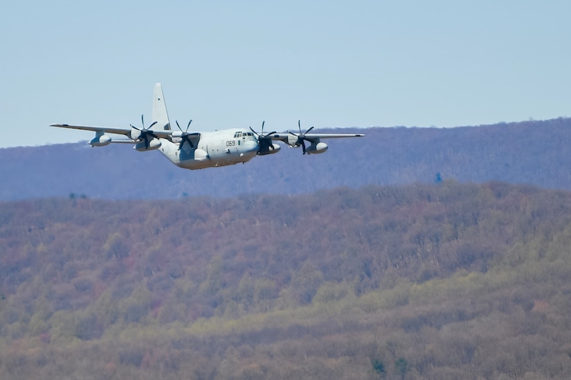 A KC-130J Super Hercules from Marine Corps Air Station Cherry Point, North Carolina, trains at Bollen Air-to-Ground Range located at Fort Indiantown Gap, Pennsylvania, April 17, 2025. Bollen Range is operated by the 193rd Special Operations Wing and supports training activities for a variety of aircraft from U.S. Air Force units as well as additional military helicopter, heavy transport and special mission aircraft conducting training in the northeastern United States. (U.S. Air National Guard photo by Airman Austin Stern)