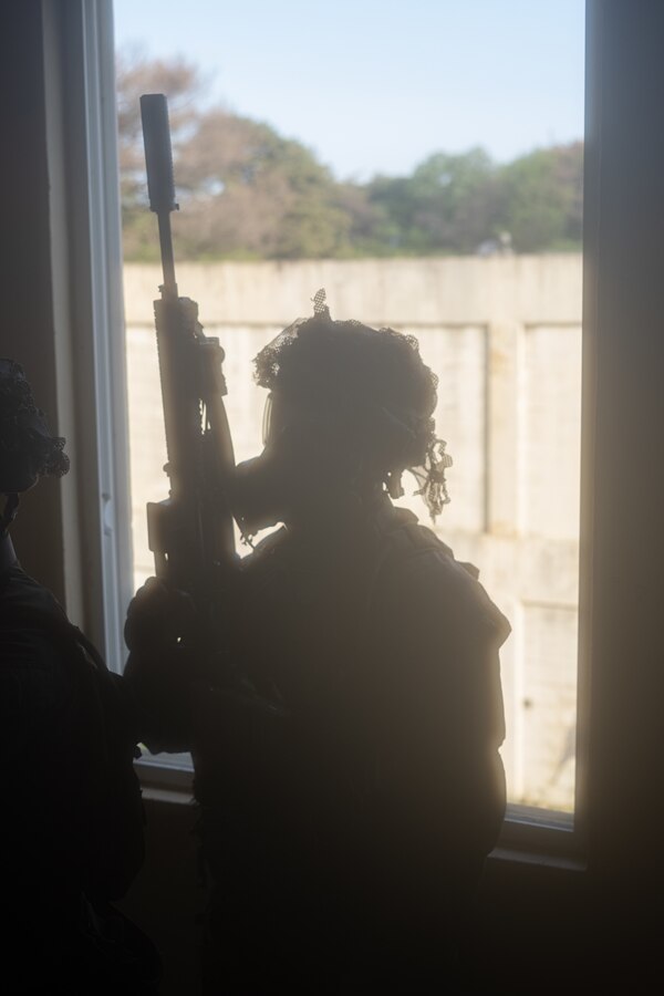 A U.S. Marine with 2nd Battalion, 23rd Marines, forward deployed with 4th Marine Regiment, 3d Marine Division as part of the Unit Deployment Program, conducts room clearings as a part of military operations in urban terrain training during Korea Viper 25.4 at Pohang, South Korea, May 3, 2025. Korea Viper is a recurring exercise series that demonstrates the Republic of Korea and U.S. Marine Corps' ability to respond decisively in the region as a singular, unified force while strengthening relationships and trust between the two allies. (U.S. Marine Corps photo by Lance Cpl. Tucker Mocan)