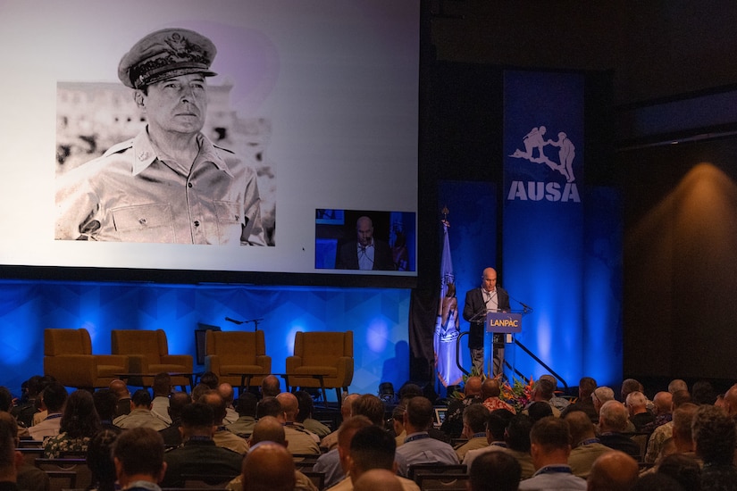 Military historian and guest speaker, Dr. John McManus, delivers a keynote presentation at the Land Forces Pacific (LANPAC) Symposium in Honolulu, Hawaii, on May 14, 2025.
