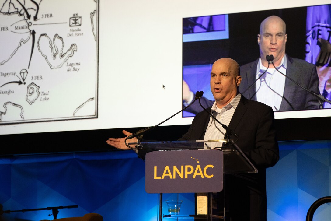 Military historian and guest speaker, Dr. John McManus, delivers a keynote presentation at the Land Forces Pacific (LANPAC) Symposium in Honolulu, Hawaii, on May 14, 2025. McManus' address highlighted the enduring legacies of the U.S. Army's Asian-Pacific campaign during World War II.