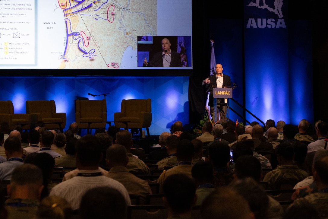 Military historian and guest speaker, Dr. John McManus, delivers a keynote presentation at the Land Forces Pacific (LANPAC) Symposium in Honolulu, Hawaii, on May 14, 2025. McManus' address highlighted the enduring legacies of the U.S. Army's Asian-Pacific campaign during World War II