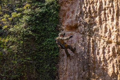 JAPAN (May 2, 2025) — A U.S. Marine rappels during Jungle Leaders Course at the Jungle Warfare Training Center, Okinawa, Japan, May 02, 2025. The course is designed to test physical and mental resilience of Marine Corps leaders in a harsh jungle...