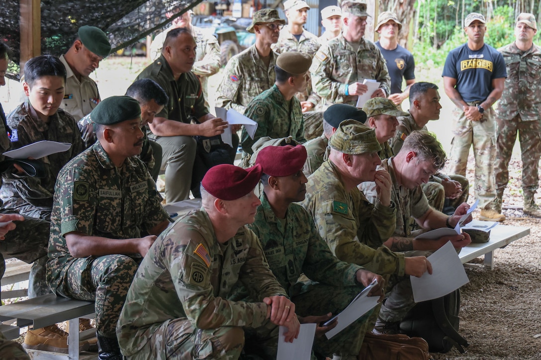 Senior Enlisted Leaders from multiple Indo-Pacific partner nations participate in a demonstration of courses and capabilities of the U.S. Army Jungle Operations Training Course during a Senior Enlisted Leaders Forum on Schofield Barracks, Hawaii, May 13, 2025 as part of the Land Forces Pacific (LANPAC) Symposium.