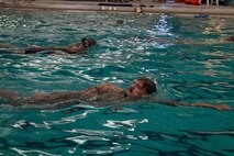 U.S. Marines with Maritime Special Purpose Force, 22nd Marine Expeditionary Unit, conduct a kilometer swim during Special Patrol Insertion/Extraction (SPIE) training on Marine Corps Base Camp Lejeune, North Carolina, May 5, 2025. Wet and dry SPIE training enhances MSPF’s ability to maneuver forces from land or open ocean, granting the 22nd MEU flexibility when inserting or extracting forces from complex terrain. (U.S. Marine Corps Photo by Sgt. Nathan Mitchell)