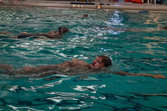U.S. Marines with Maritime Special Purpose Force, 22nd Marine Expeditionary Unit, conduct a kilometer swim during Special Patrol Insertion/Extraction (SPIE) training on Marine Corps Base Camp Lejeune, North Carolina, May 5, 2025. Wet and dry SPIE training enhances MSPF’s ability to maneuver forces from land or open ocean, granting the 22nd MEU flexibility when inserting or extracting forces from complex terrain. (U.S. Marine Corps Photo by Sgt. Nathan Mitchell)