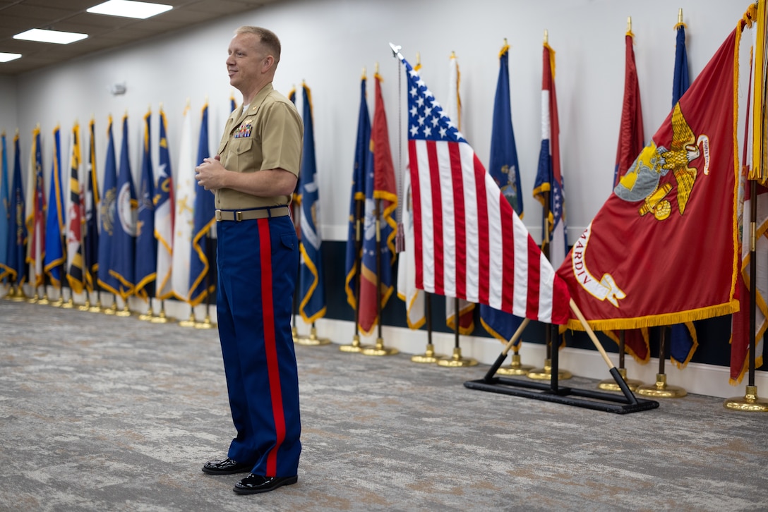 U.S. Marine Corps Maj. Justin Wirth, an assistant air officer with Headquarters Battalion, 2d Marine Division, speaks during his retirement ceremony on Marine Corps Base Camp Lejeune, North Carolina, May 9, 2025. The ceremony was held to honor Wirth’s 26 years of dedicated service. (U.S. Marine Corps photo by Cpl. Grace Stover)