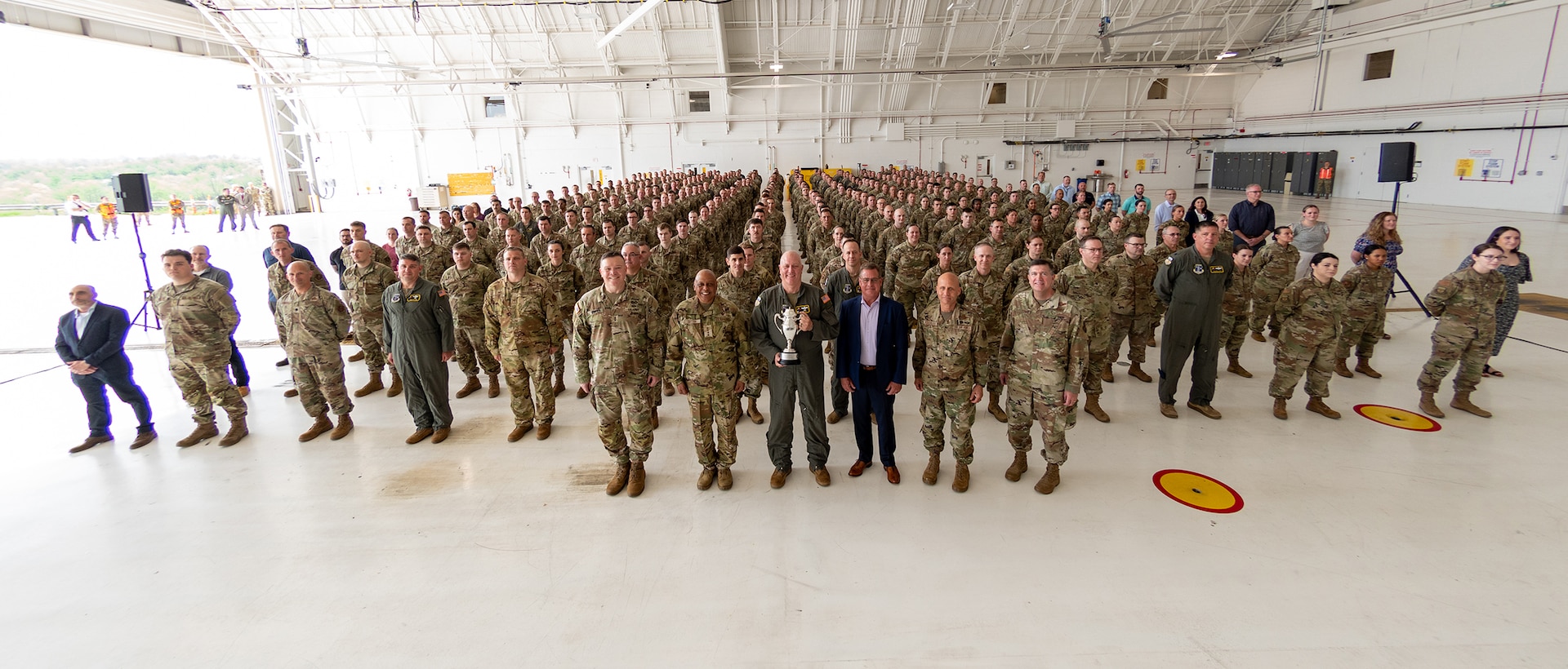 Members of the 171st Air Refueling Wing, United States Strategic Command, Strategic Command Consultation Committee, and Pennsylvania National Guard leaders, pose for a group photo after the Omaha Trophy presentation ceremony at the 171st ARW, Pennsylvania Air National Guard Base, May 1, 2025.