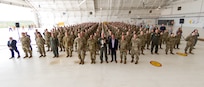 Members of the 171st Air Refueling Wing, United States Strategic Command, Strategic Command Consultation Committee, and Pennsylvania National Guard leaders, pose for a group photo after the Omaha Trophy presentation ceremony at the 171st ARW, Pennsylvania Air National Guard Base, May 1, 2025.