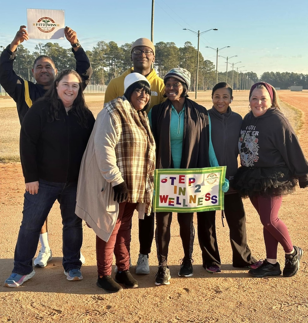 Winn Army Community staff and Soldiers gathered to kick off the FIT2WINN employee wellness program Jan. 6 with a step into wellness walk on Fort Stewart's Quick Track next to Donovan Field. The program is designed to promote health and well-being in a stress-free, pressure-free environment. Every month features a different wellness theme.