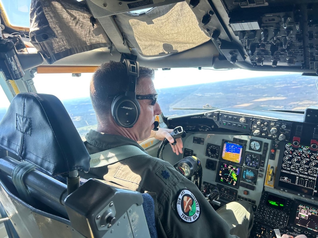 Lt. Col. CJ Pfeil flies a KC-135 Stratotanker on his final flight.after nearly 30 years of service in the 914th Air Refueling Wing. Photo is shot in the cockpit of the tanker.