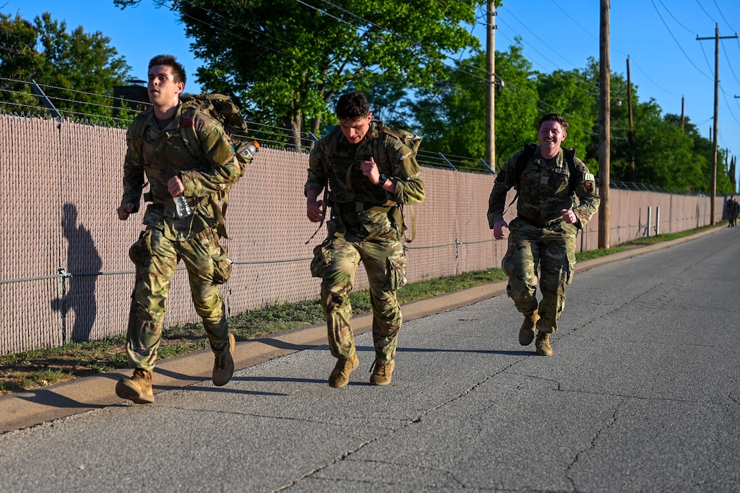Competitors advance during the 2025 annual Norwegian Foot March at Goodfellow Air Force Base, Texas, May 3, 2025. Originating in 1915 as an endurance test for Norwegian armed forces, the 18.6-mile march allows participants to test their cardiovascular endurance and build esprit de corps. (U.S. Air Force photo by Senior Airman Evelyn J. D’Errico)