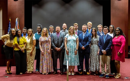 Members of the U.S. Army Aviation and Missile Command Logistics Center Fellowship Class of 2025 gather for a group photo following their graduation ceremony at Redstone Arsenal, Ala., on May 14, 2025. The 10-month program prepares future Army logisticians to support global sustainment operations. Launched in 2016, the program builds a strong talent pipeline by equipping future logisticians with foundational knowledge and hands-on experience in acquisition, sustainment logistics, industrial operations, supply chain management, and resource planning.