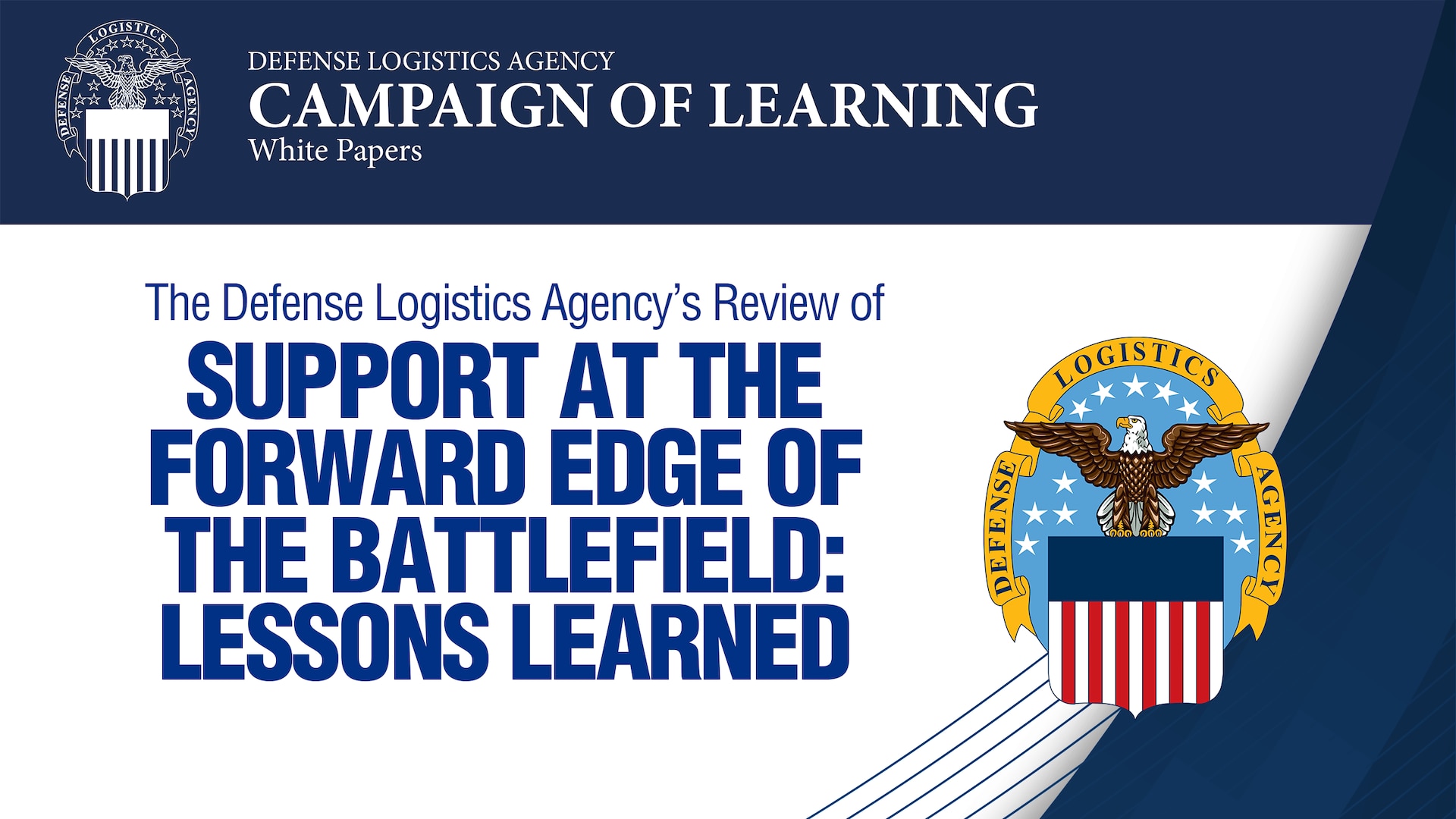 Text says "Support at the Forward Edge of the Battlefield: Lessons Learned" with the DLA emblem