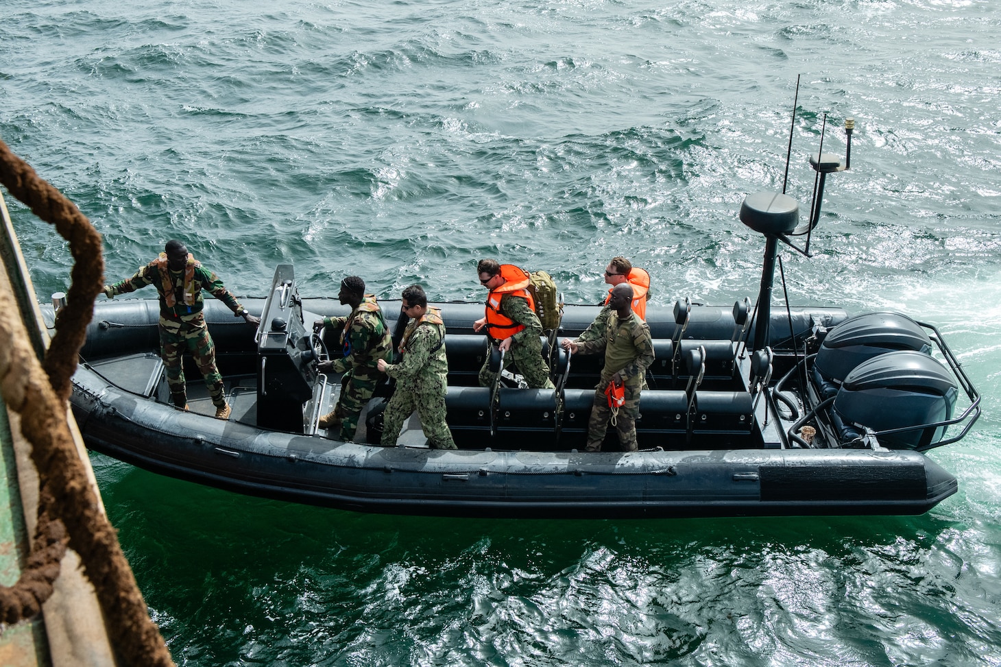 Students and instructors approach a merchant training vessel during a Senegalese led Visit, Board, Search, and Seizure (VBSS) training exercise during Obangame Express. Obangame Express is one of three regional maritime exercises led by U.S. Sixth Fleet as part of a comprehensive strategy to provide collaborative opportunities to African forces and international partners to address maritime security concerns.