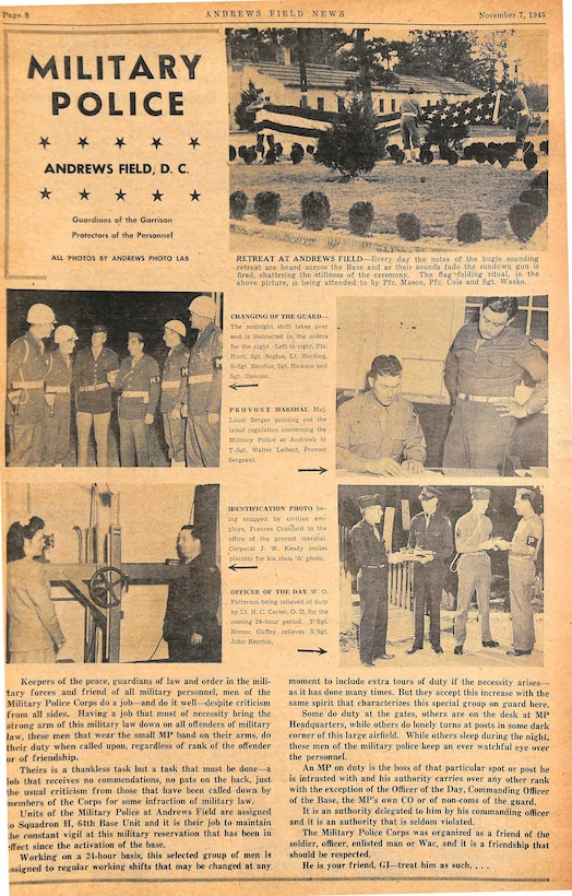 An Andrews Field Newspaper clip from November 7, 1945 provides an overview of military police responsibilities at Andrews Field