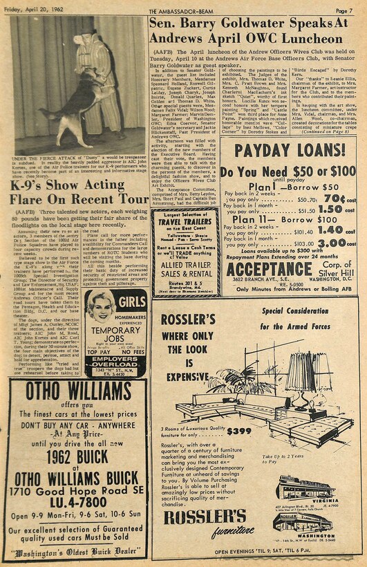 An April 1962 article from the Ambassador Beam newspaper 
features the K-9 demonstrations of the sentry 
dog teams at Andrews Air Force Base.