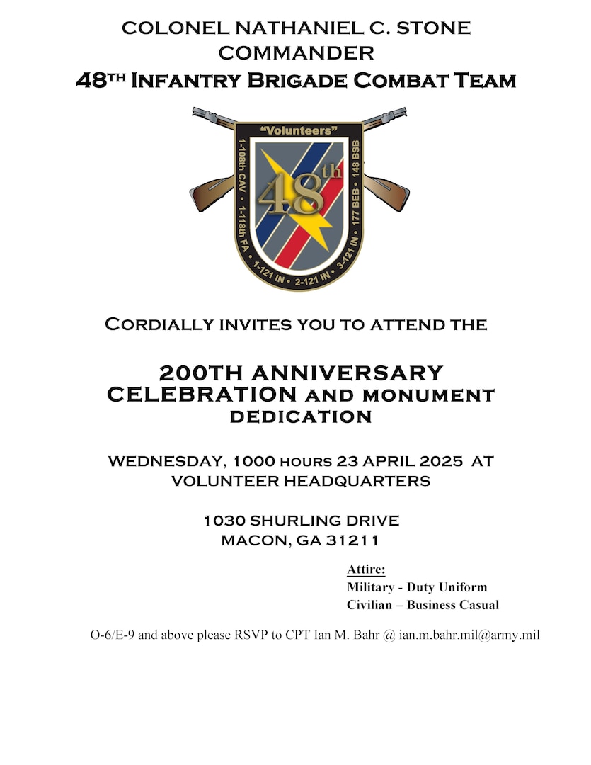 The Macon-based 48th Infantry Brigade Combat Team, celebrates 200 years of service to the state and nation, Wednesday, April 23rd, 2025, in Macon, Ga. In honor of this milestone, a monument will be dedicated to the armory during the ceremony to commemorate the bicentennial celebration,