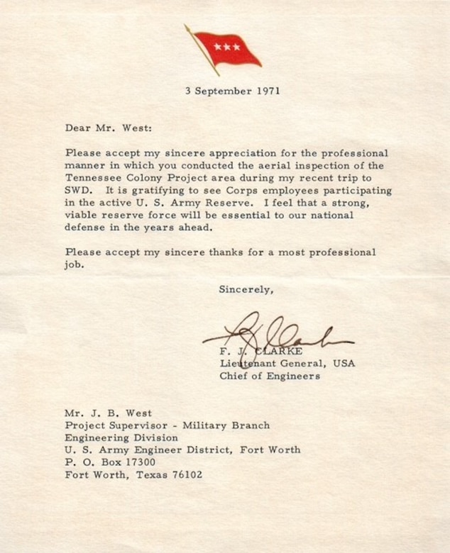 A personal letter of thanks sent to former district employee J. B. West from Lt. Gen. Frederick J. Clarke. Clarke served as the Chief of Engineers from 1969 to 1973.