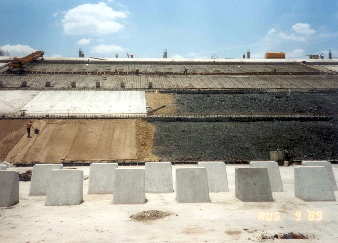 The spillway under construction in 1989 at Jim Chapman Lake/Cooper Dam. The lake is the last of the district’s 25 lakes to be constructed. Deliberate impoundment would begin on September 28, 1991.