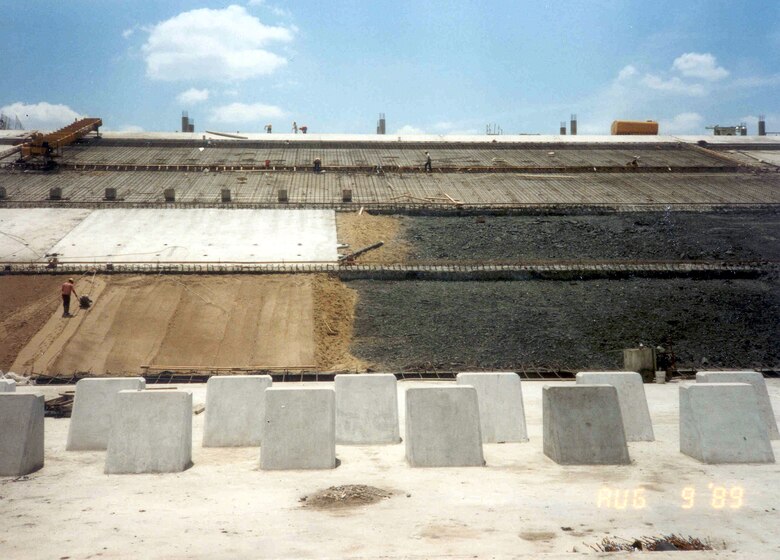 The spillway under construction in 1989 at Jim Chapman Lake/Cooper Dam. The lake is the last of the district’s 25 lakes to be constructed. Deliberate impoundment would begin on September 28, 1991.