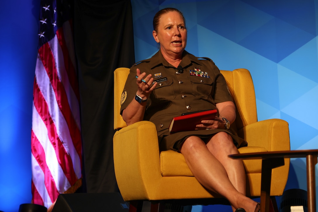 Australian Army Warrant Officer Kim Felmingham, regimental sergeant major-Army, discusses the importance of creativity during Land Forces Pacific (LANPAC) Symposium, May 14, 2025, Honolulu, Hawaii.