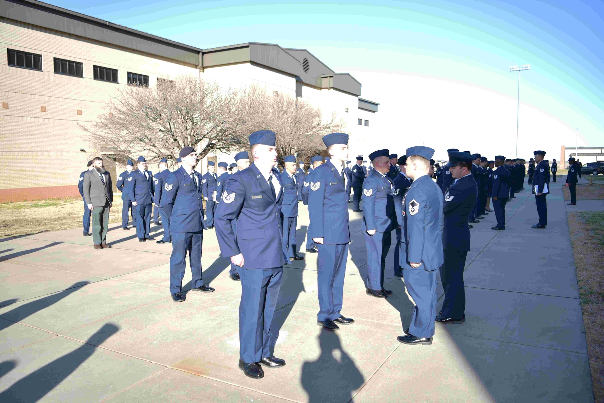 Noncommissioned officer academy students participate in an open ranks inspection at Sheppard Air Force Base, Texas, April 2025. (U.S. Air Force courtesy photo)
