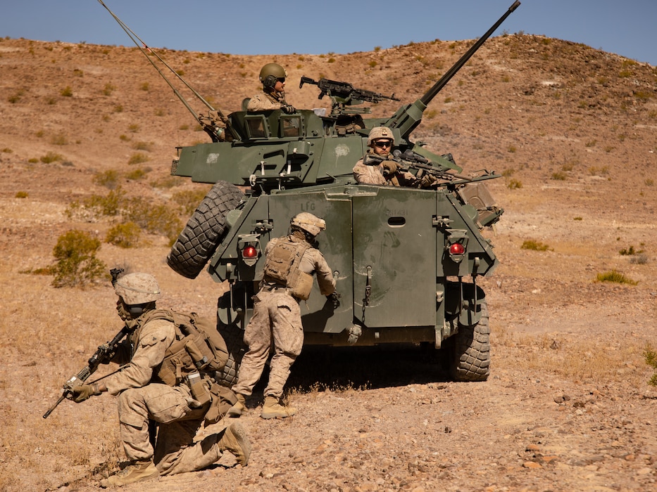 U.S. Reserve Marines with 4th LAR simulate platoon attack during ITX 4-24