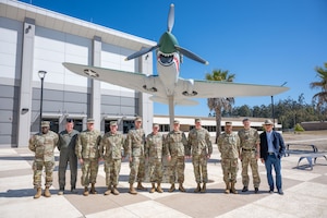 Senior leaders from U.S. Space Command along with Adjutants General from the states of California, Illinois, Minnesota, New York and Virginia pose in front of the Space Forces- Space Headquarters building on Vandenberg Space Force Base, California during a senior leader engagement event, May 9. From Left, CMsgt. Kehinde Salami, senior enlisted leader, Illinois National Guard; Royal Australian Air Force Gp. Capt. Edgar “Speedy” Gonzalez, Australian exchange officer, USSPACECOM; Brig. Gen. Gary R. Charlton II, assistant adjutant general, New York Air National Guard; U.S. Army Brig. Gen. Joseph Sharkey, commander, Minnesota Army National Guard; U.S. Army Maj. Gen. William J. Edwards, director, Strategic Plans and Policy, and International Affairs, National Guard Bureau; U.S. Army Maj. Gen. James W. Ring, Virginia National Guard; U.S. Air Force Brig. Gen. Frank Kincaid, deputy commander, U.S. Space Forces - Space; U.S. Army Maj. Gen. Brian W. Gibson, director, Plans and Policy, USSPACECOM; U.S. Army Maj. Gen. Rodney C. Boyd, Illinois National Guard; Royal Air Force Air Commodore Darren Whitely, deputy commander, Plans and Policy, USSPACECOM; and William Thompson, chief of staff, S4S.