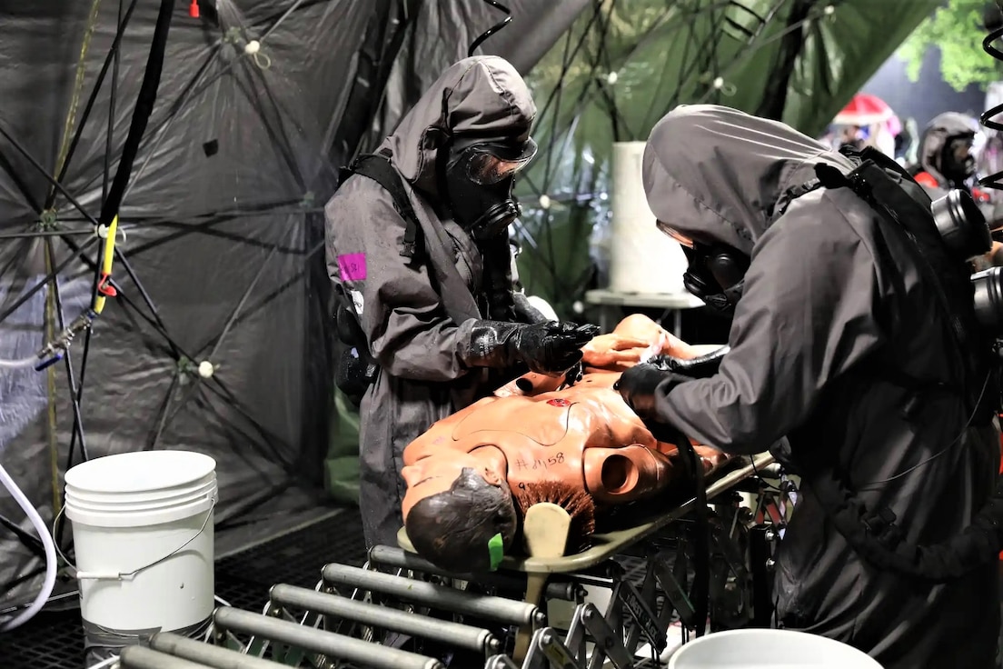 The 1020th Engineer Company out of Marksville, LA set up medical and decontamination stations, conducted search and rescue operations and performed decontamination based on different scenarios given to them. Guardian Response 2025 Trains More Than 5,000 for DSCA Operations at Camp Atterbury and Muscatatuck