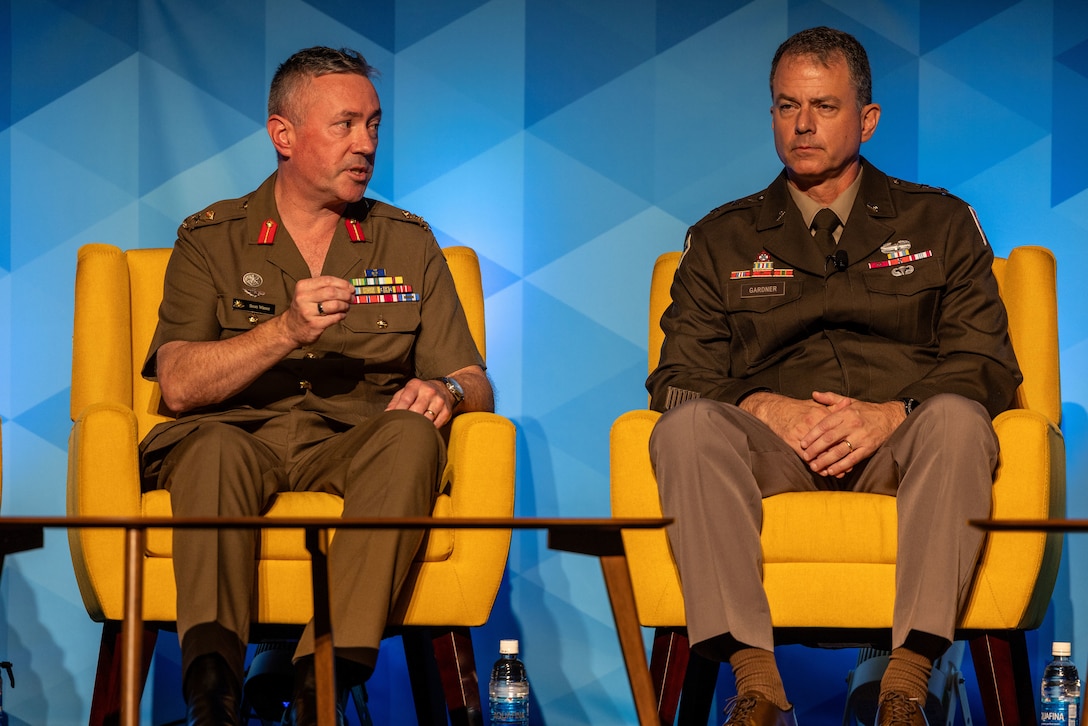 (Left) Maj. Gen. Scott Winter, deputy commanding general of Strategy and Plans for the U.S. Army Pacific (USARPAC), and U.S. Army Maj. Gen. Gavin Gardner, commanding general 8th Theater Sustainment Command, sit on a panel to discuss the importance of essential warfighting capabilities for campaigning, crisis, and conflict during the Land Forces Pacific (LANPAC) Symposium and Exhibition, May 15, 2025, in Honolulu, Hawaii. The panel explored how reserve forces enhance power projection and crisis response in the Indo-Pacific through integration, readiness, and strategic positioning. (U.S. Army Photo by Spc. Abreanna Goodrich)
