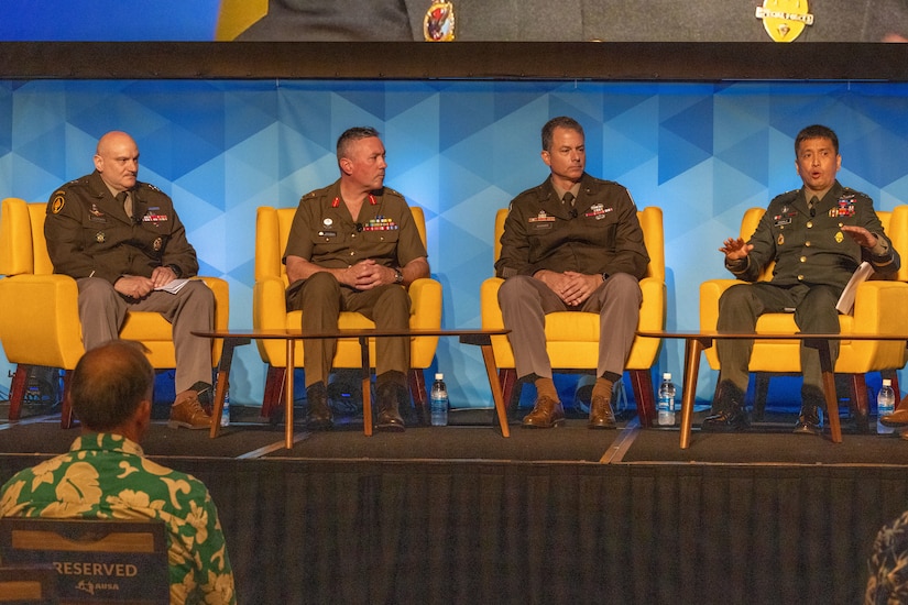 U.S. Army and allied senior leaders from across the Indo-Pacific, sit on a panel to discuss the importance of essential warfighting capabilities for campaigning, crisis, and conflict during the Land Forces Pacific (LANPAC) Symposium and Exhibition, May 15, 2025, in Honolulu, Hawaii. The panel explored how reserve forces enhance power projection and crisis response in the Indo-Pacific through integration, readiness, and strategic positioning. (U.S. Army Photo by Spc. Abreanna Goodrich)