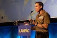 Australian Army Lt. Gen. Simon Stuart, chief of army, delivers a keynote presentation at the Land Forces Pacific Symposium in Honolulu, Hawaii, on May 15, 2025. Stuart emphasized the responsibility of allies and partners in preventing conflict in the Indo-Pacific region. (U.S. Army photo by Sgt. Johanna Pullum)