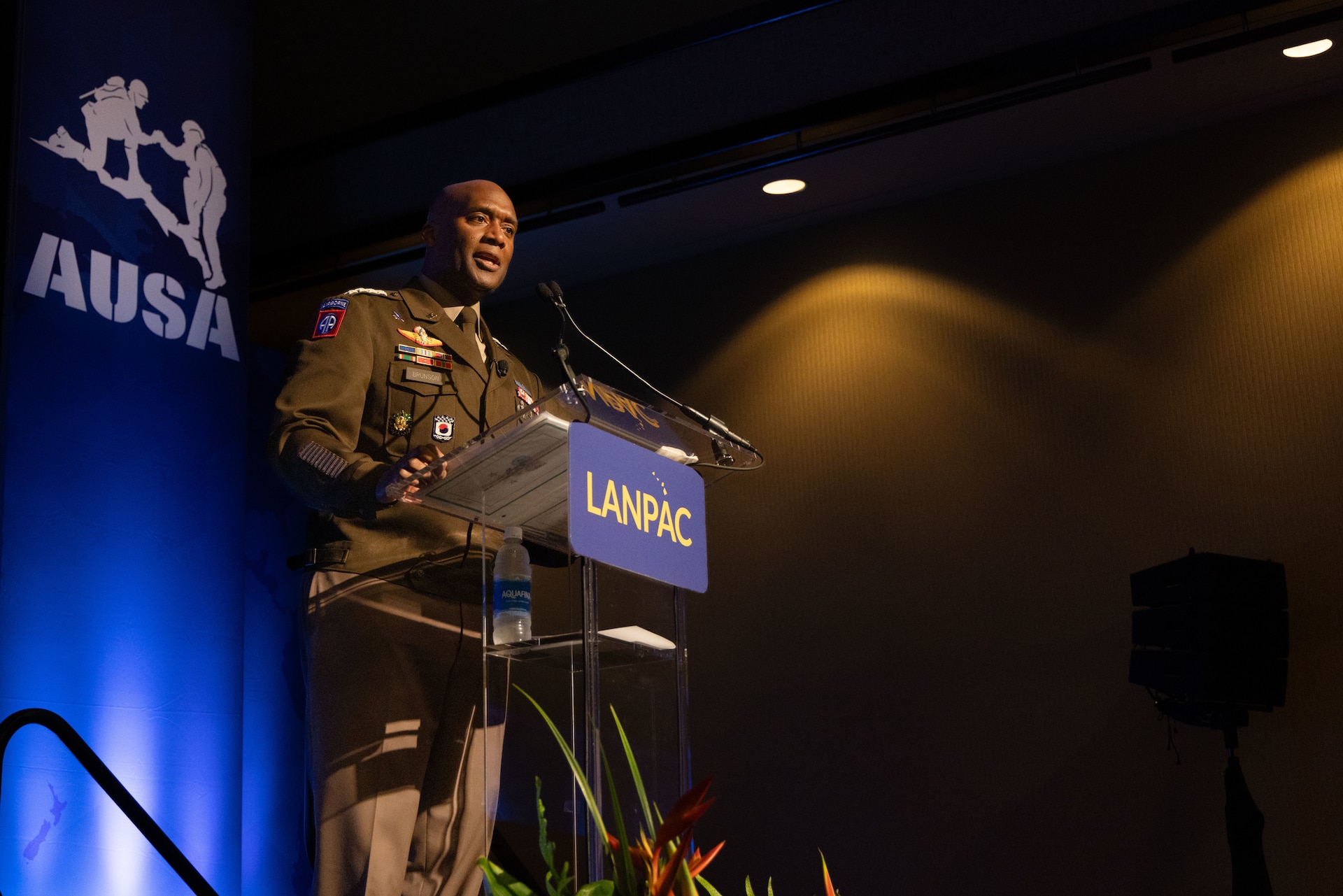 U.S. Army Gen. Xavier Brunson, commanding general of United Nations Command, Combined Forces Command, and United States Forces Korea, delivers a keynote presentation at the Land Forces Pacific Symposium in Honolulu, Hawaii, on May 15, 2025. Brunson emphasized the critical role of land power in maintaining deterrence and ensuring regional security in Northeast Asia. (U.S. Army photo by Sgt. Johanna Pullum)