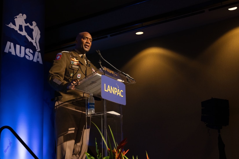 U.S. Army Gen. Xavier Brunson, commanding general of United Nations Command, Combined Forces Command, and United States Forces Korea, delivers a keynote presentation at the Land Forces Pacific Symposium in Honolulu, Hawaii, on May 15, 2025. Brunson emphasized the critical role of land power in maintaining deterrence and ensuring regional security in Northeast Asia. (U.S. Army photo by Sgt. Johanna Pullum)