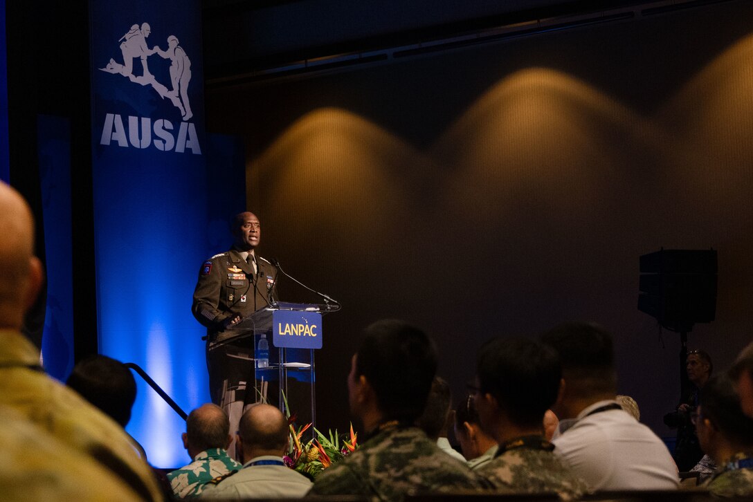 U.S. Army Gen. Xavier Brunson, commanding general of United Nations Command, Combined Forces Command, and United States Forces Korea, delivers a keynote presentation at the Land Forces Pacific Symposium in Honolulu, Hawaii, on May 15, 2025. Brunson emphasized the critical role of land power in maintaining deterrence and ensuring regional security in Northeast Asia. (U.S. Army photo by Sgt. Johanna Pullum)