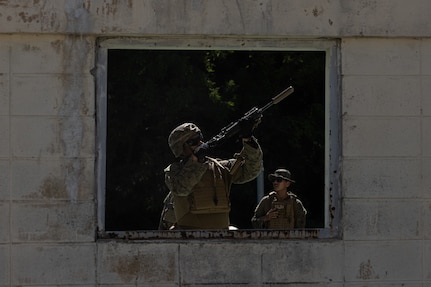 U.S. Marine Corps Lance Cpl. Eric Solano, an infantry rifleman with 2nd Battalion, 23rd Marines forward deployed with 4th Marine Regiment, 3d Marine Division as part of the Unit Deployment Program, conducts room clearings as a part of military operations in urban terrain training during Korea Viper 25.4 at Pohang, South Korea, May 10, 2025.