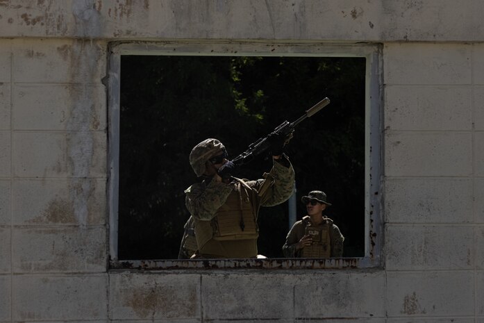 U.S. Marine Corps Lance Cpl. Eric Solano, an infantry rifleman with 2nd Battalion, 23rd Marines forward deployed with 4th Marine Regiment, 3d Marine Division as part of the Unit Deployment Program, conducts room clearings as a part of military operations in urban terrain training during Korea Viper 25.4 at Pohang, South Korea, May 10, 2025.