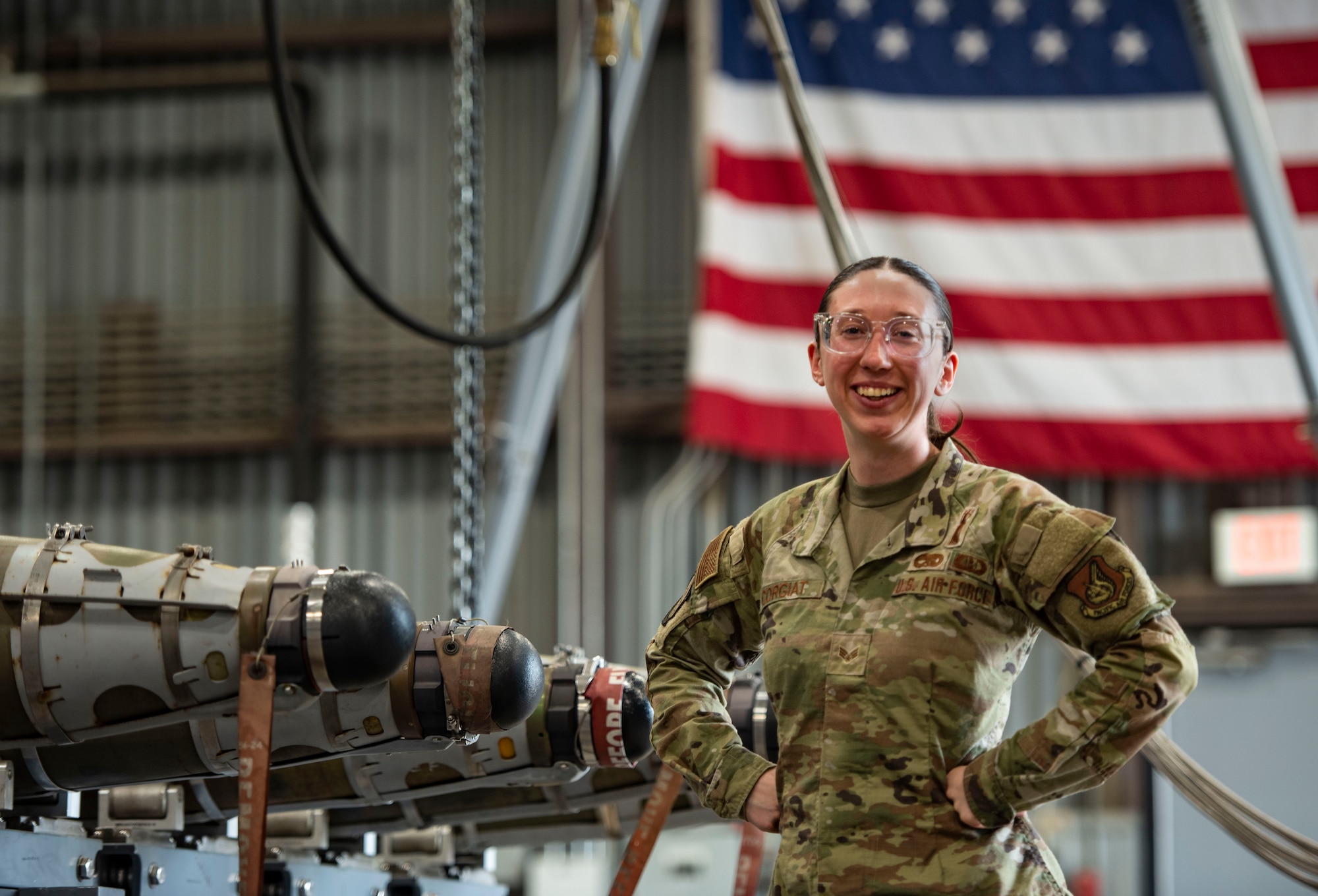 U.S. Air Force Senior Airman Quinn Corgiat, 51st Munitions Squadron conventional maintenance inspector, poses for a photo at Osan Air Base, Republic of Korea, May 14, 2025.