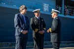 250516-N-FA353-1026 WELLINGTON, New Zealand (May 16, 2025) U.S. Navy Capt. Nicholas DeLeo, right, commanding officer of the U.S. 7th Fleet flagship USS Blue Ridge (LCC 19), greets Mr. David Gehrenbeck, left, Chargé d’affaires, U.S. Embassy New Zealand, and Royal New Zealand Navy Capt. Quentin Randall, assistant chief of navy-strategy and engagement, during a welcome ceremony for Blue Ridge's arrival in Wellington, New Zealand during a scheduled port visit, May 16, 2025. U.S. 7th Fleet is the U.S. Navy's largest forward-deployed numbered fleet, and routinely interacts and operates with allies and partners in preserving a free and open Indo-Pacific region. (U.S. Navy Photo by Mass Communication Specialist 2nd Class Belen Saldana)